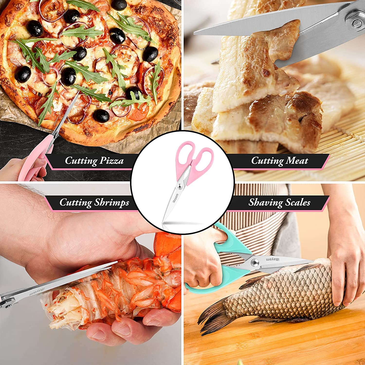 Kitchen Scissors - All Purpose Heavy Duty Meat Scissors, Poultry Shears, Dishwasher Safe, Stainless Steel, 2-Pack, Pastel Pink, Mint Blue