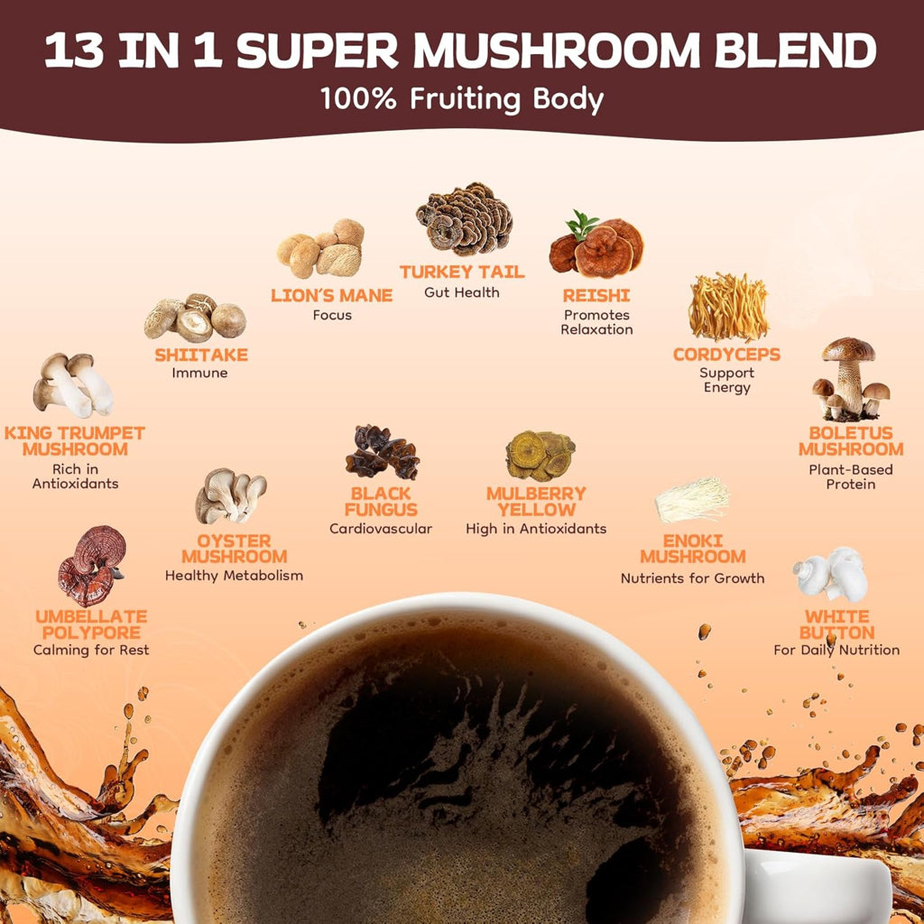 Mushroom Coffee with 13-Mushrooms Mix MCT Oil & B1/B2,Instant Coffee with Lion’S Mane, Cordyceps, Turkey Tail for Better Energy, Focus, Immunity, Digestion Support, Keto Friendly 30 Servings