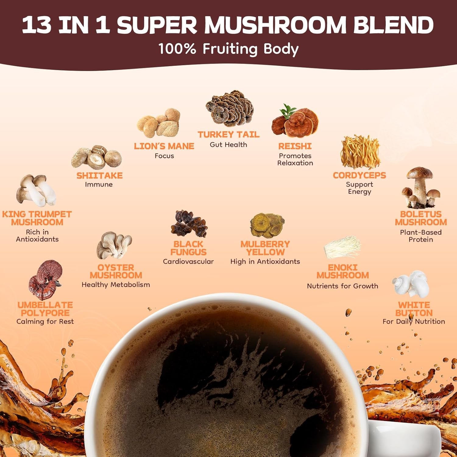 Mushroom Coffee with 13-Mushrooms Mix MCT Oil & B1/B2,Instant Coffee with Lion’S Mane, Cordyceps, Turkey Tail for Better Energy, Focus, Immunity, Digestion Support, Keto Friendly 30 Servings