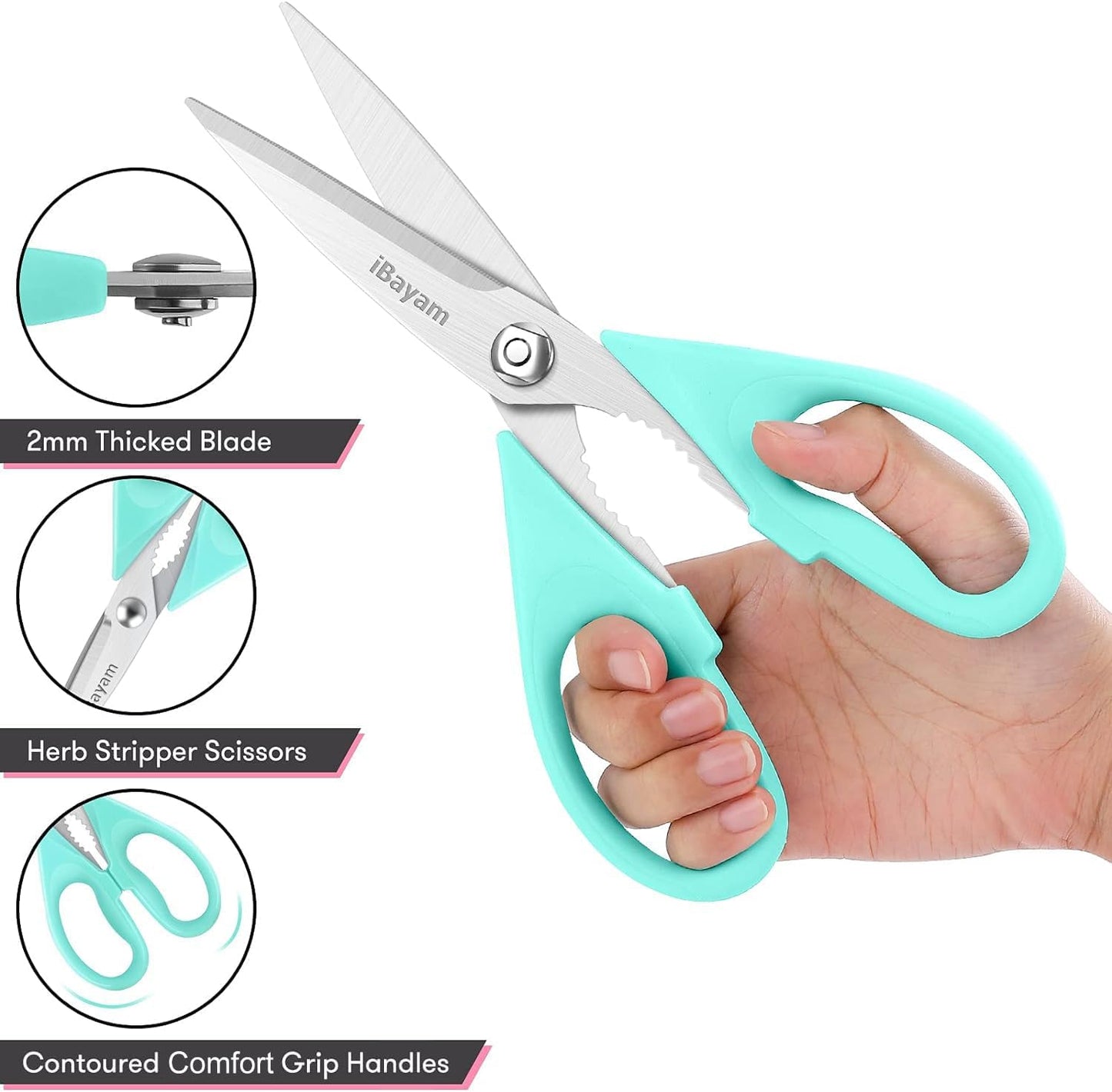 Kitchen Scissors - All Purpose Heavy Duty Meat Scissors, Poultry Shears, Dishwasher Safe, Stainless Steel, 2-Pack, Pastel Pink, Mint Blue
