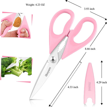 Kitchen Scissors - All Purpose Heavy Duty Meat Scissors, Poultry Shears, Dishwasher Safe, Stainless Steel, 2-Pack, Pastel Pink, Mint Blue