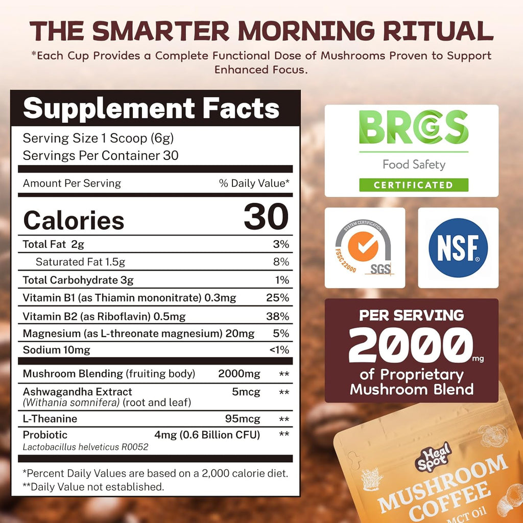 Mushroom Coffee with 13-Mushrooms Mix MCT Oil & B1/B2,Instant Coffee with Lion’S Mane, Cordyceps, Turkey Tail for Better Energy, Focus, Immunity, Digestion Support, Keto Friendly 30 Servings